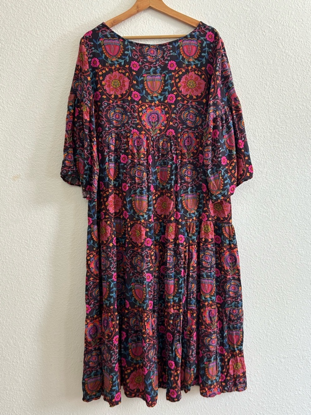 NATURAL LIFE Size L Charlotte Midi Dress BLACK PRINTED FOLK CIRCLES TIERED FLOWY - Picture 8 of 11